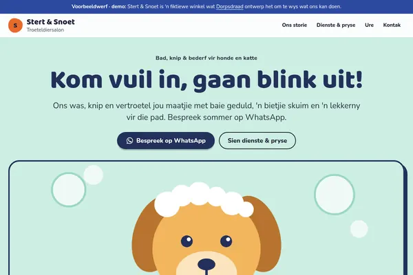 Voorbeeldwebwerf vir Stert en Snoet, ’n fiktiewe troeteldiersalon